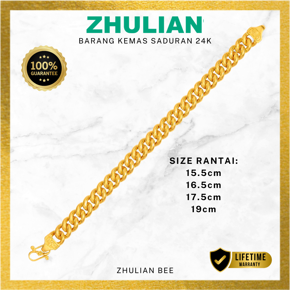 Rantai Tangan Gajah Licin (Mid Size) Emas Zhulian BT5039